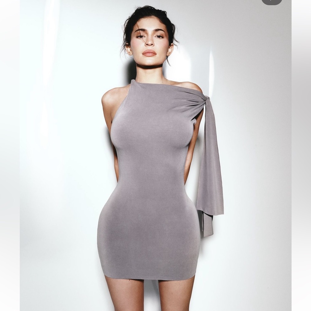 NWT- KHY SUEDED STRETCH KNOTTED MINI DRESS | STEEL GREY - XS